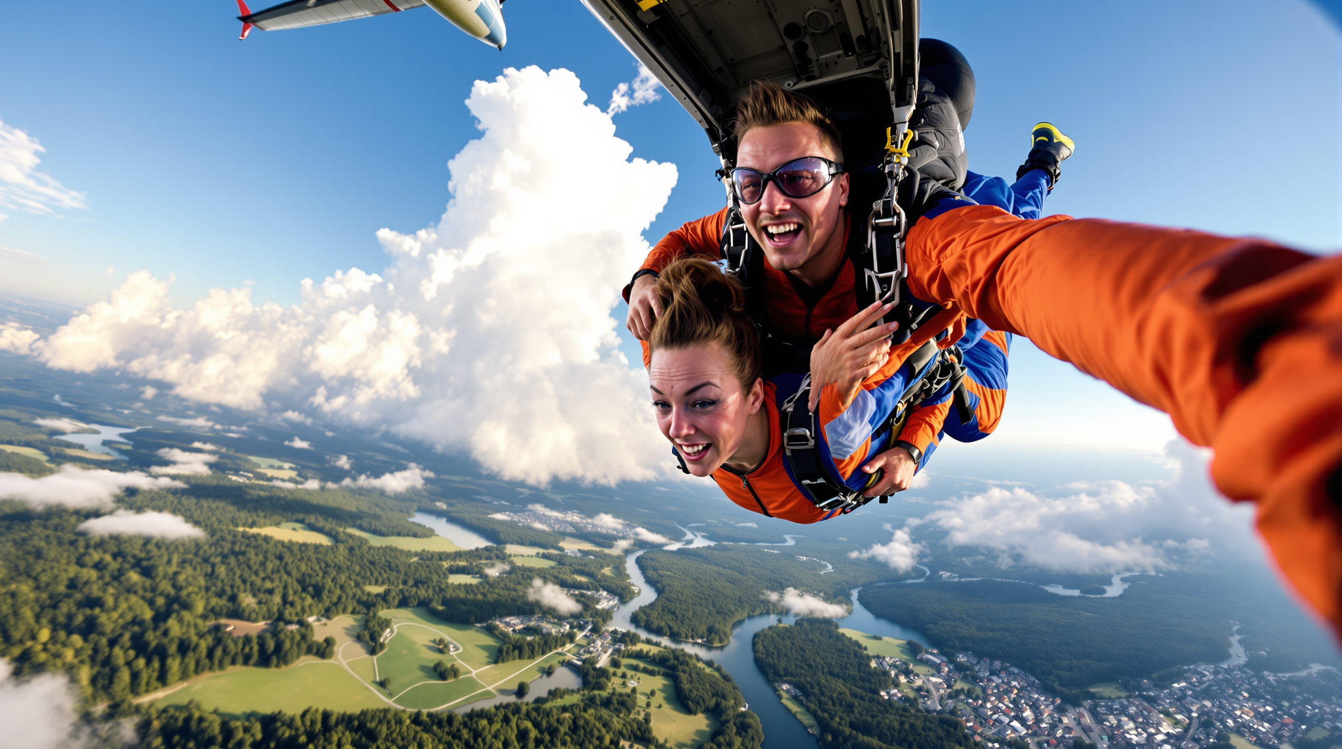Skydivers exiting jump aircraft at Pepperell Airport